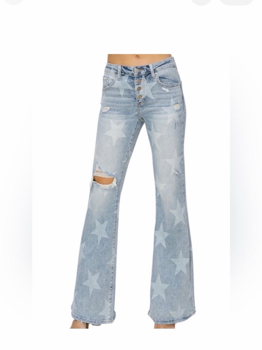 Light Blue Star-Print High-Rise Flare Jeans